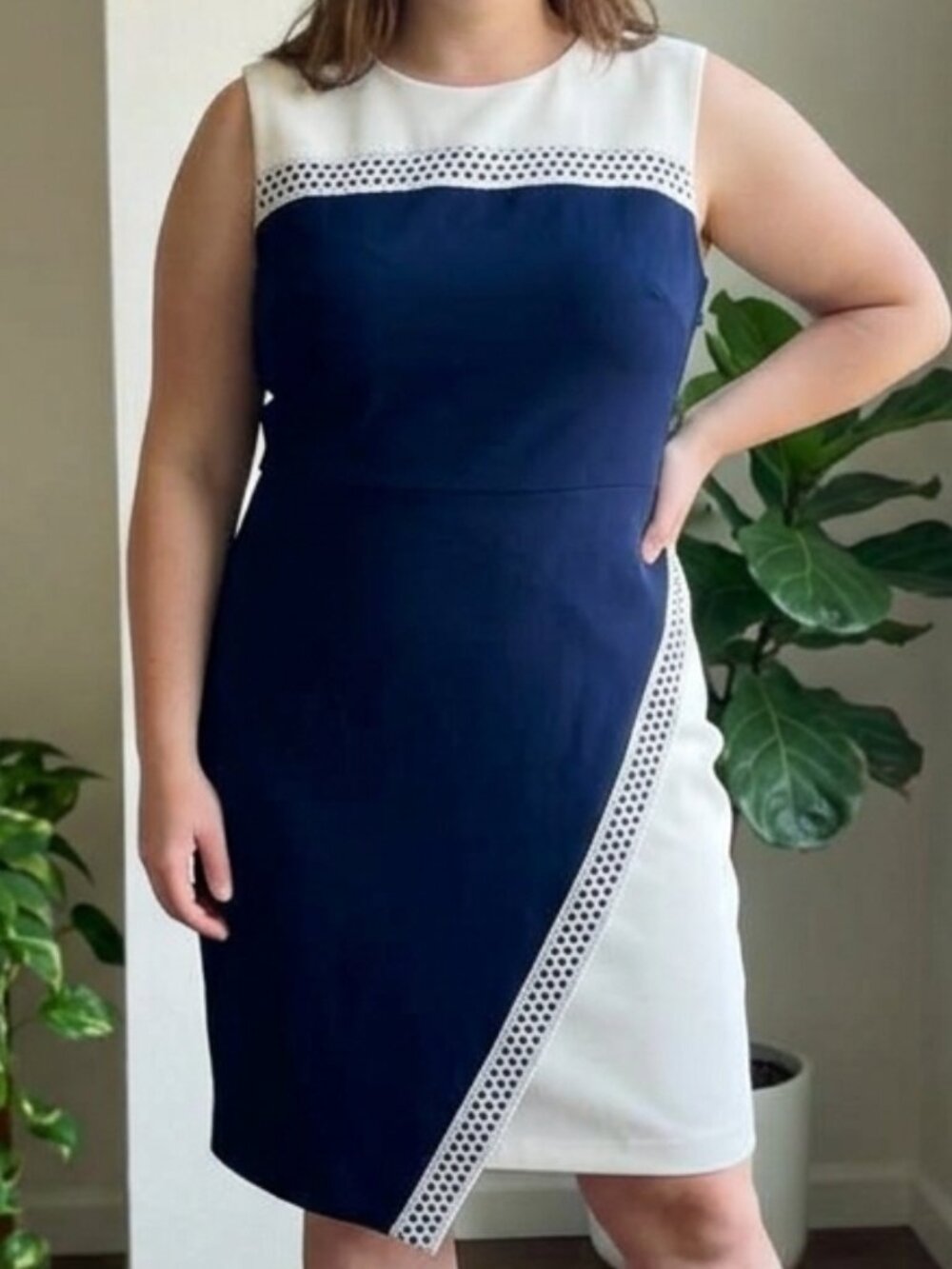 Tommy Hilfiger Colorblock Asymmetric Scuba Sheath Dress Navy White Size 14